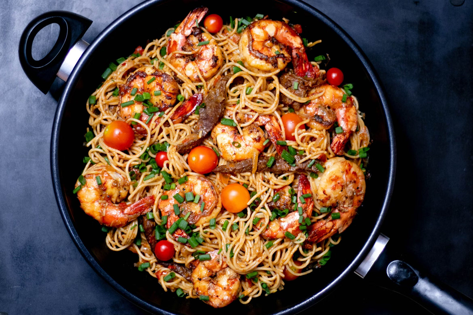 Pepper Steak and Shrimp Pasta